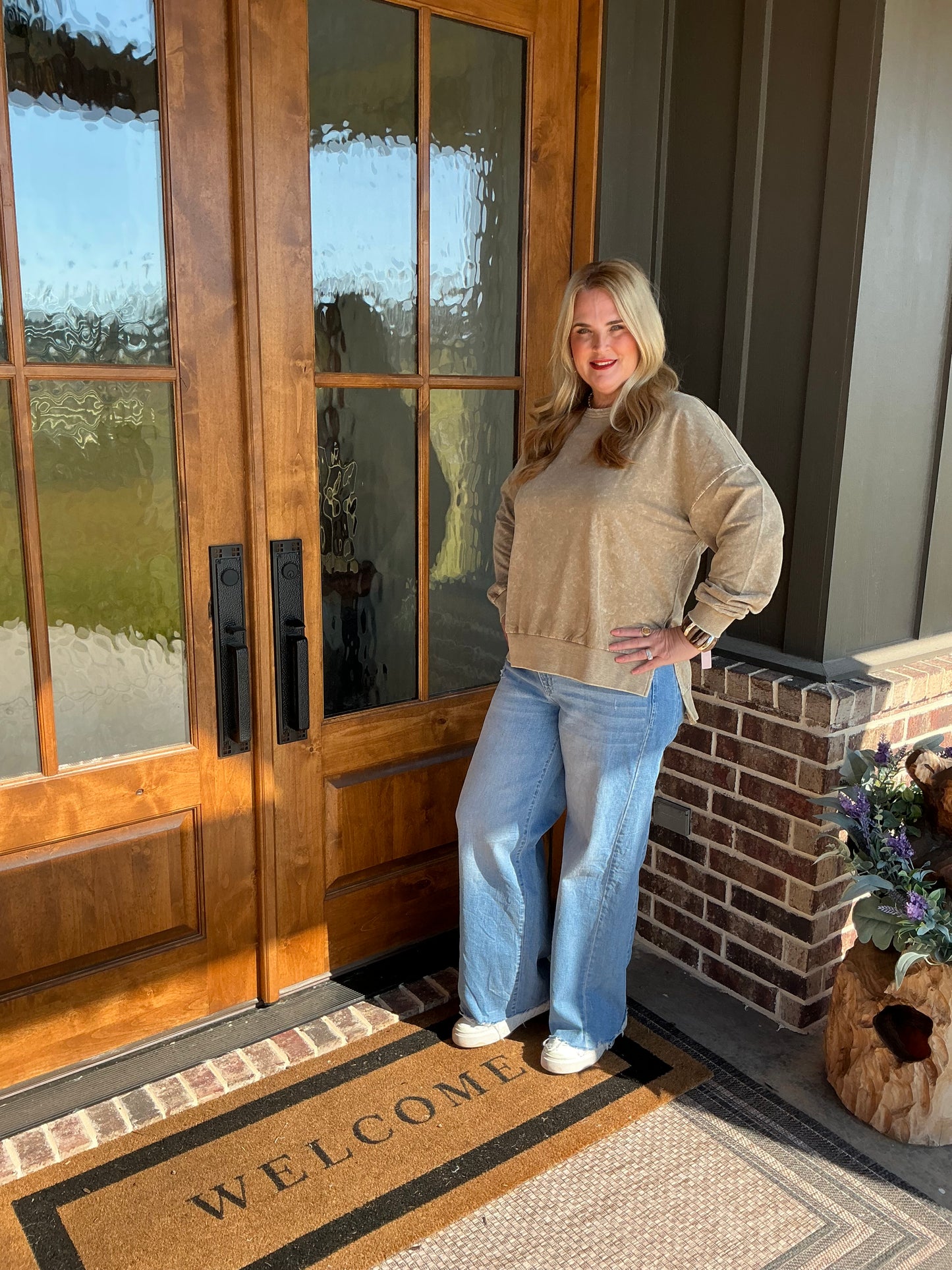 The Whitley Mocha Washed Side Split Long Sleeve Knit Top