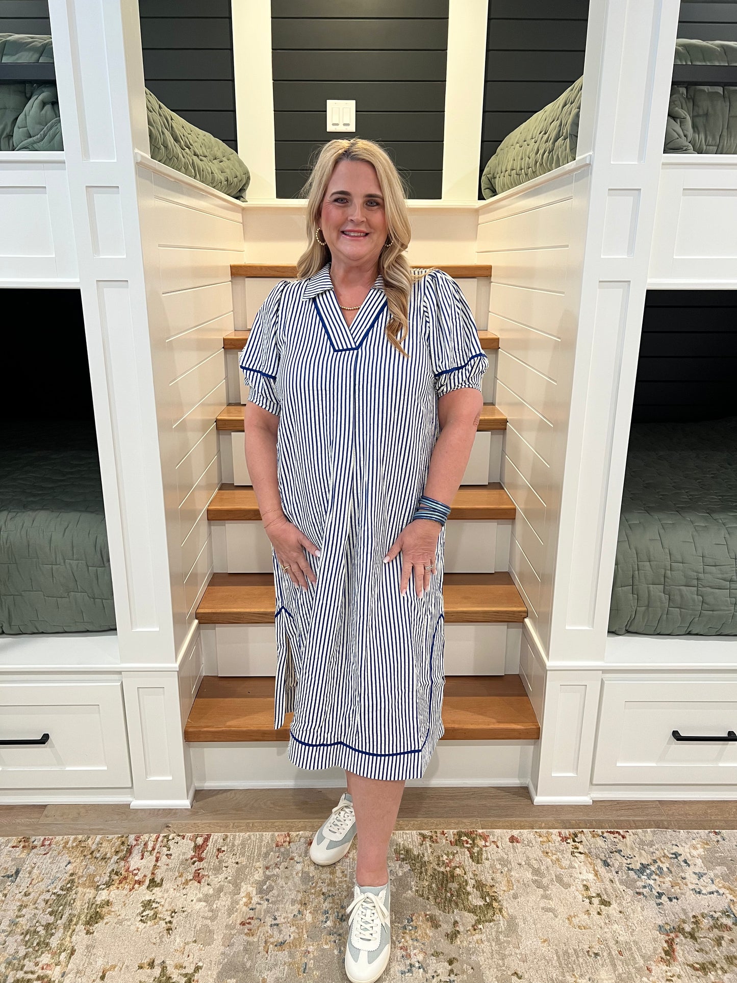 The Mia Blue Striped Midi Dress with Puff Sleeves