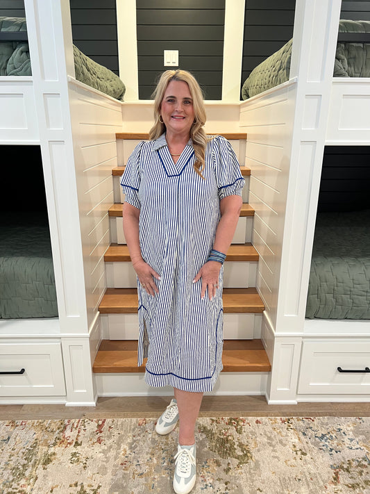 The Mia Blue Striped Midi Dress with Puff Sleeves
