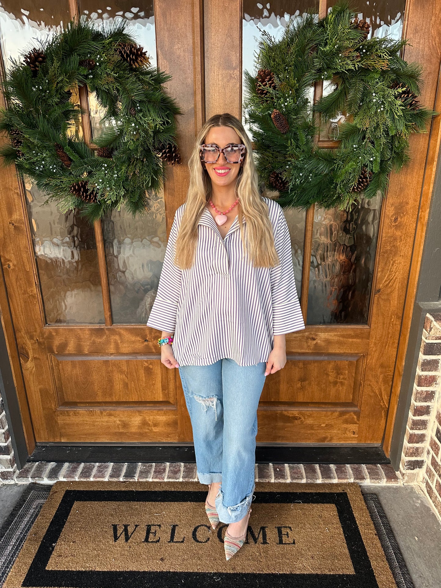 The Violet Lavender Striped Button Closure Top