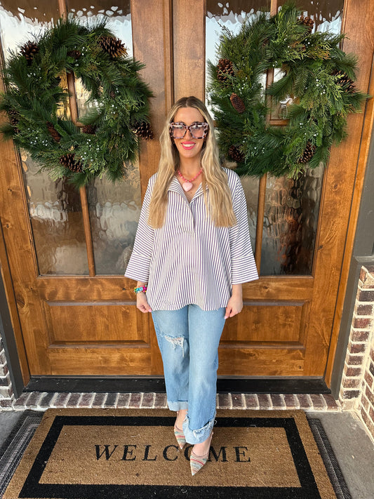The Violet Lavender Striped Button Closure Top