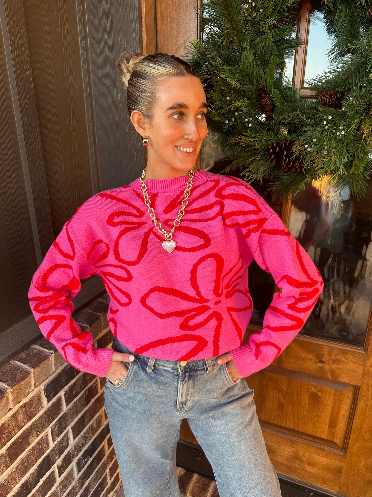 The Ruby Abstract Pink Flower Sweater