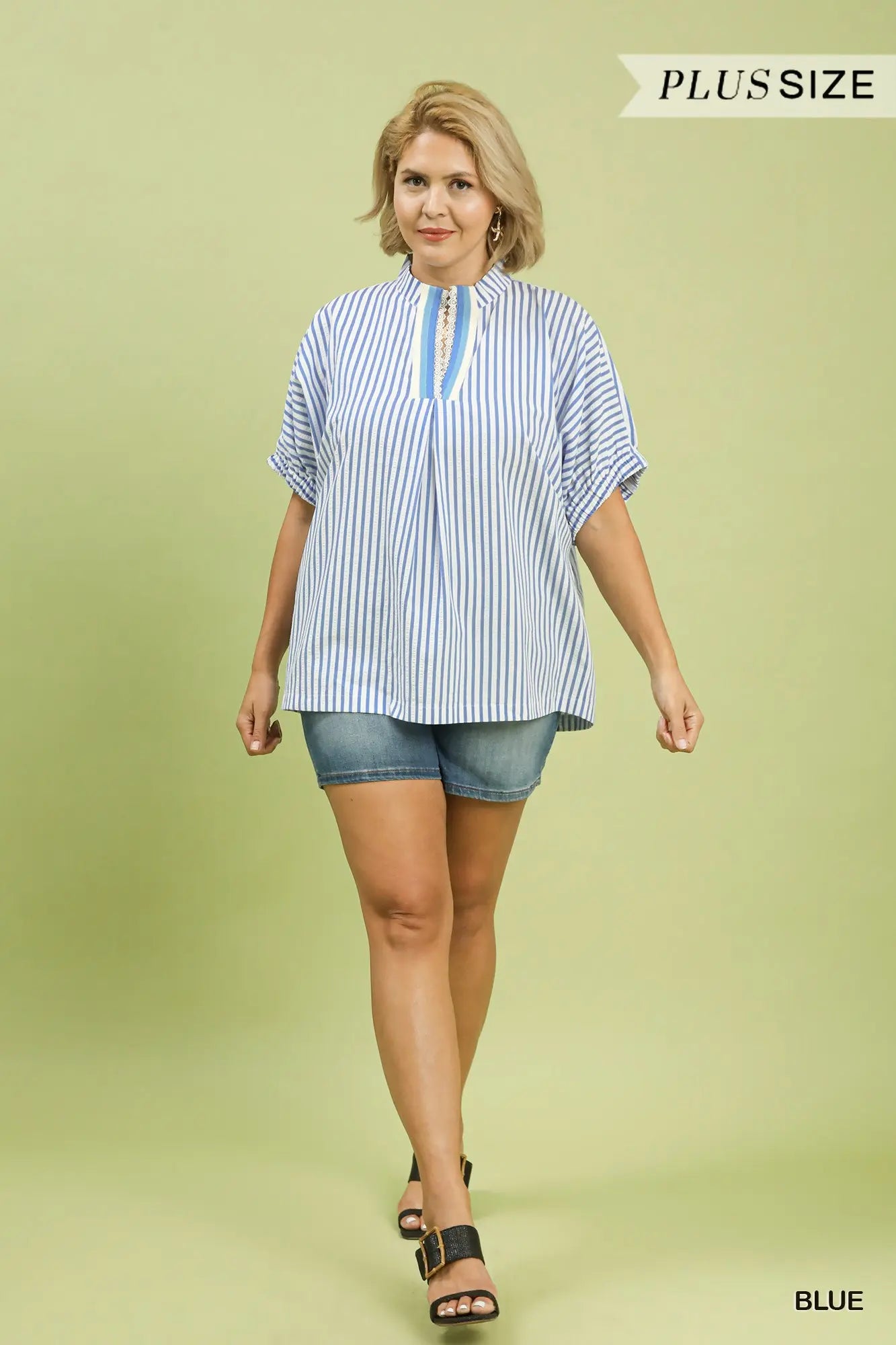 The Livy Blue Stripe Lace Trim Pleated V-Neck Top