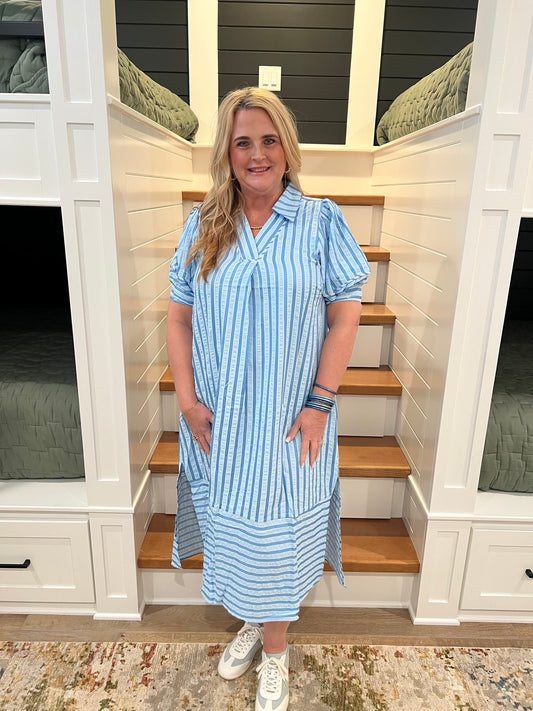 The Emma Blue Striped Puff Sleeve Midi Dress