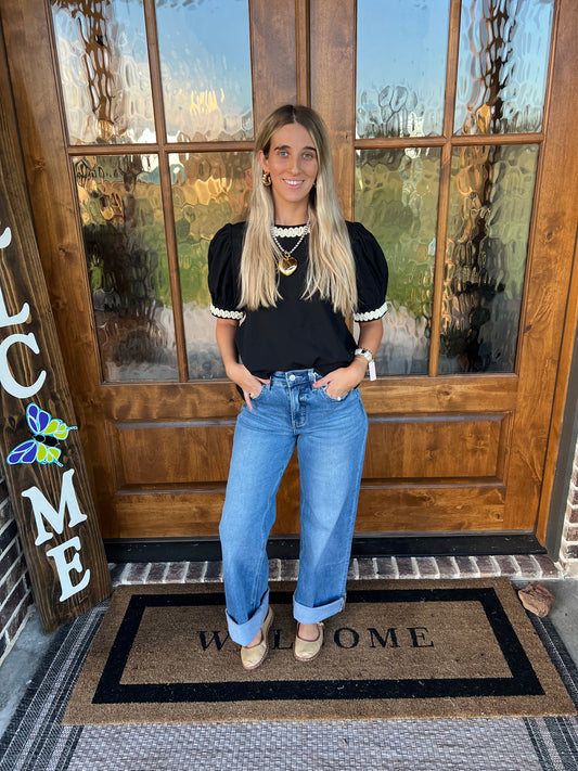 The Sawyer Black Short Sleeve Top Cream Trimming