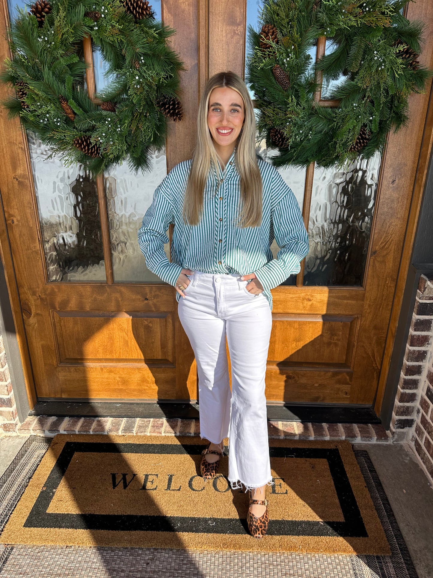 The Pam Green Striped Long Sleeve Button Down