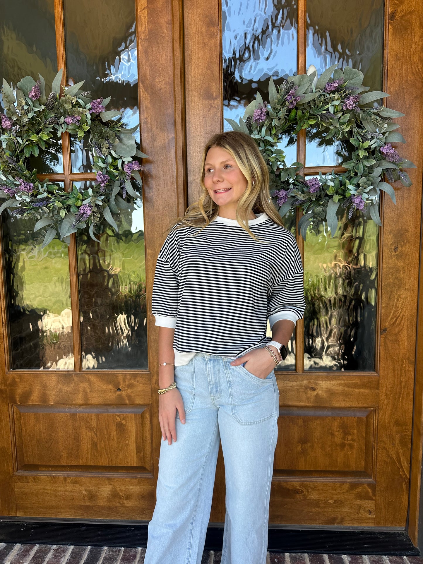 The Stacey Black Striped Contrast Trim Rib Banded Top
