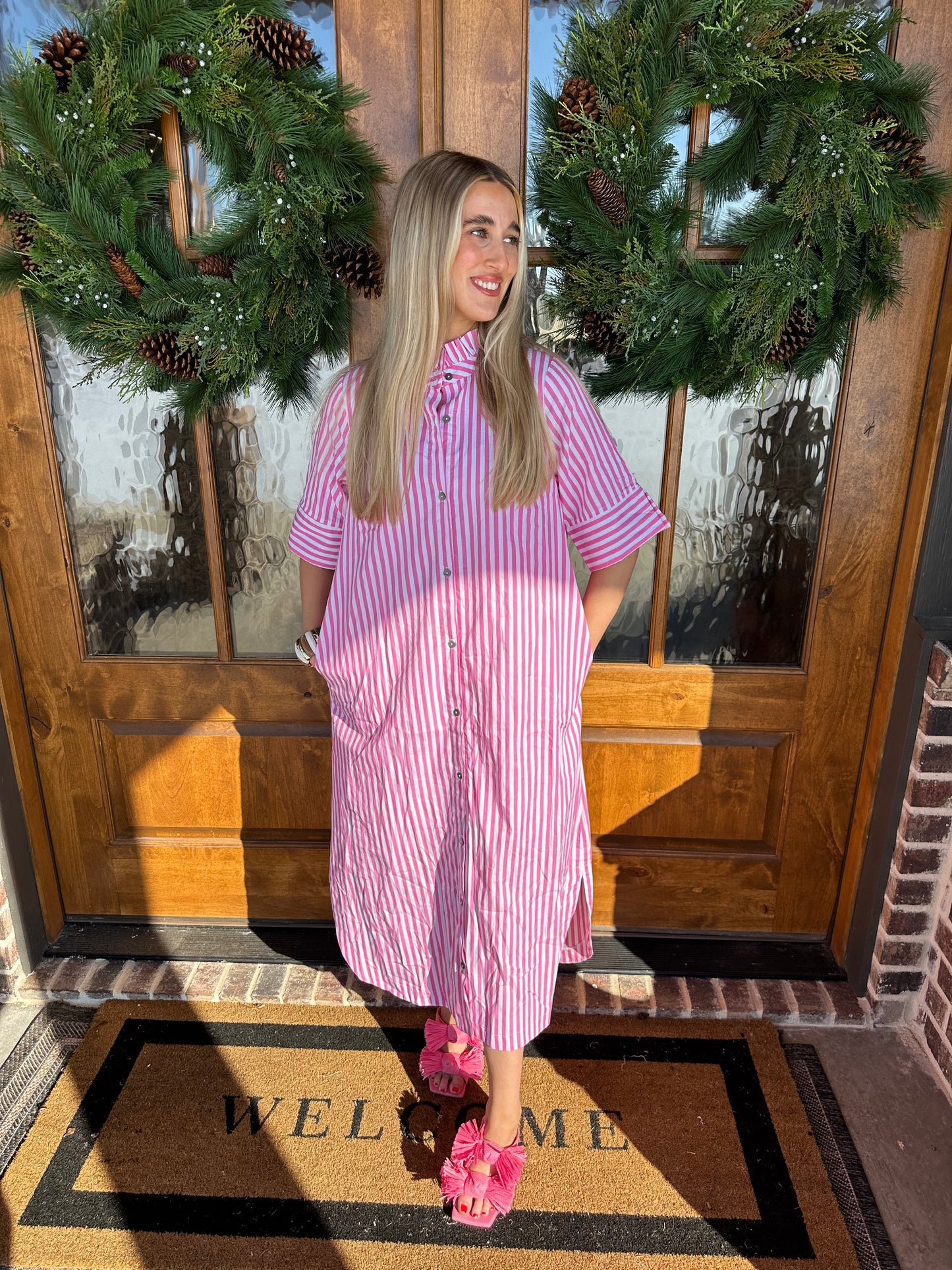 The Ashley Pink Striped Button Up Dress