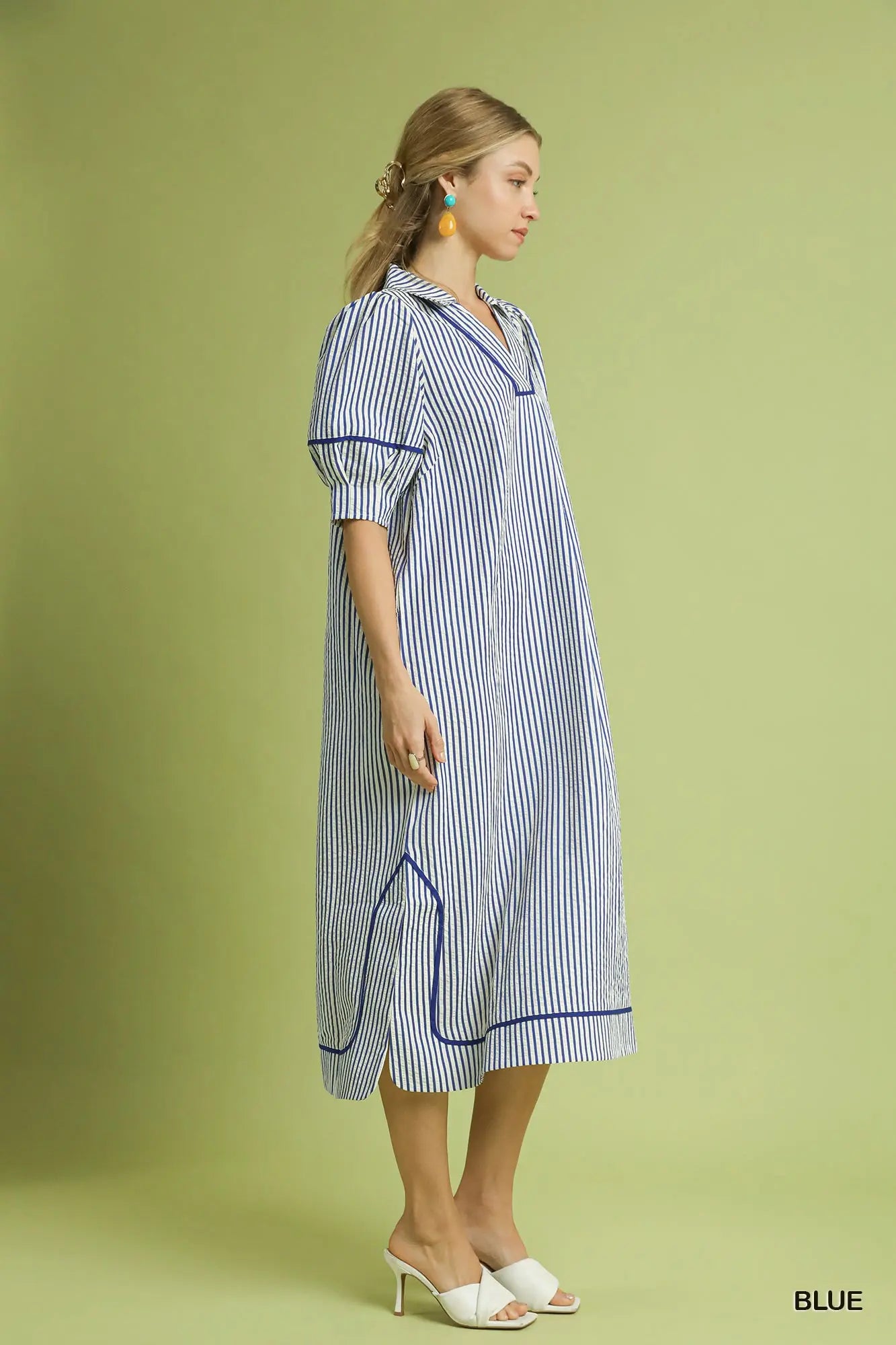 The Mia Blue Striped Midi Dress with Puff Sleeves