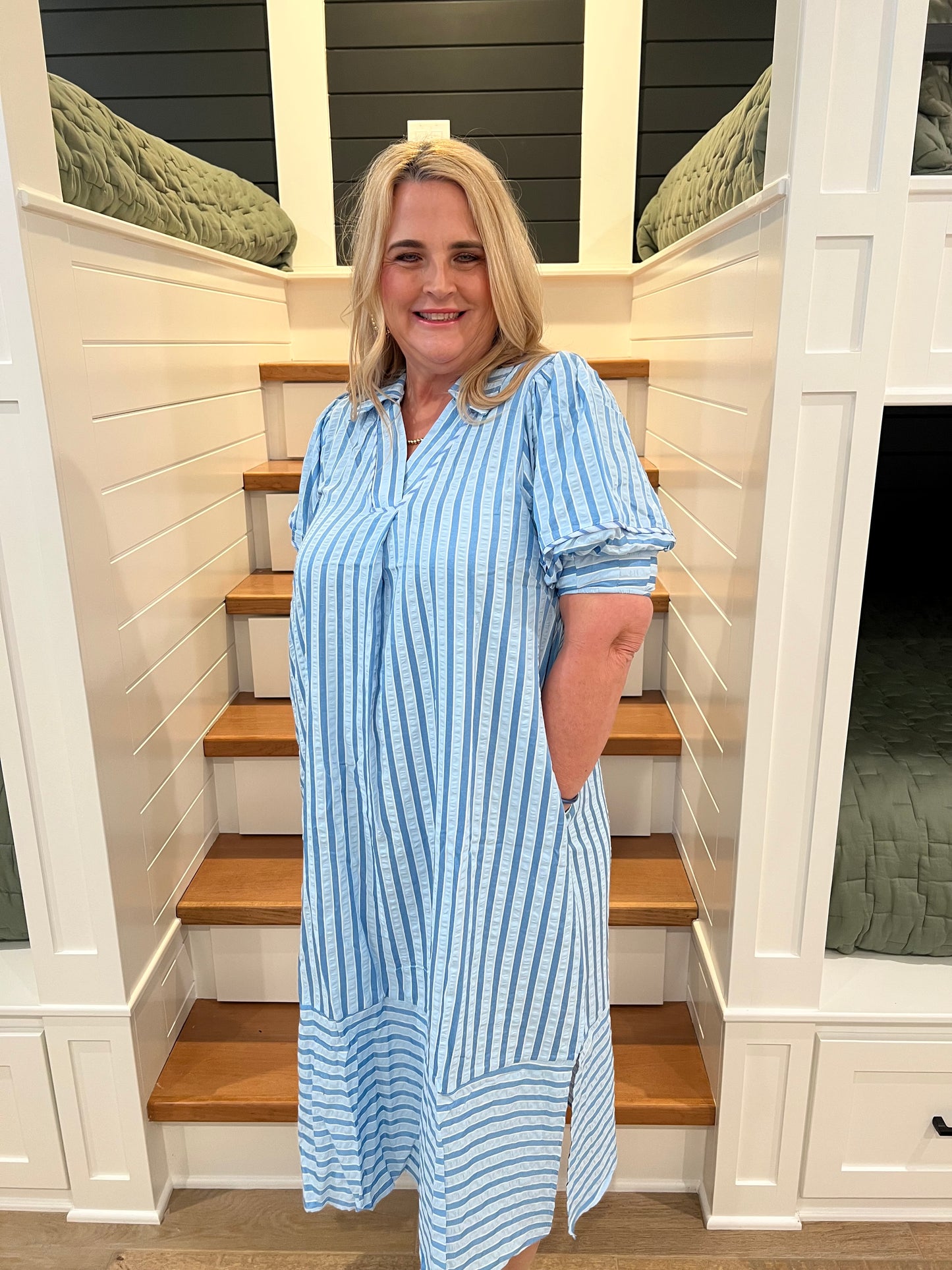 The Emma Blue Striped Puff Sleeve Midi Dress