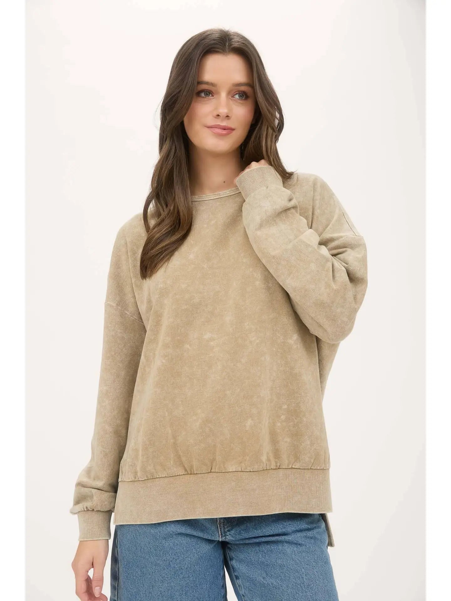 The Whitley Mocha Washed Side Split Long Sleeve Knit Top
