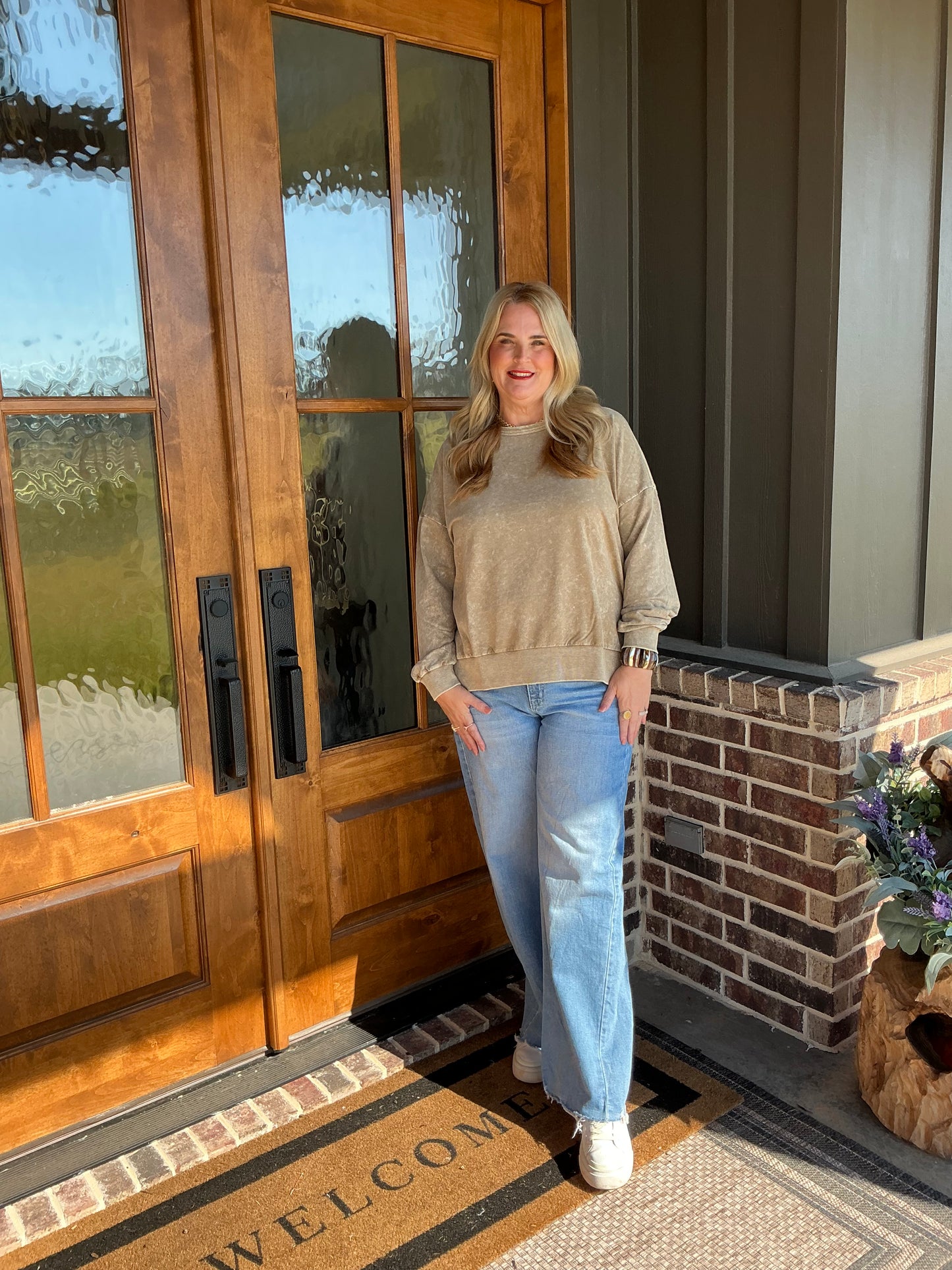 The Whitley Mocha Washed Side Split Long Sleeve Knit Top