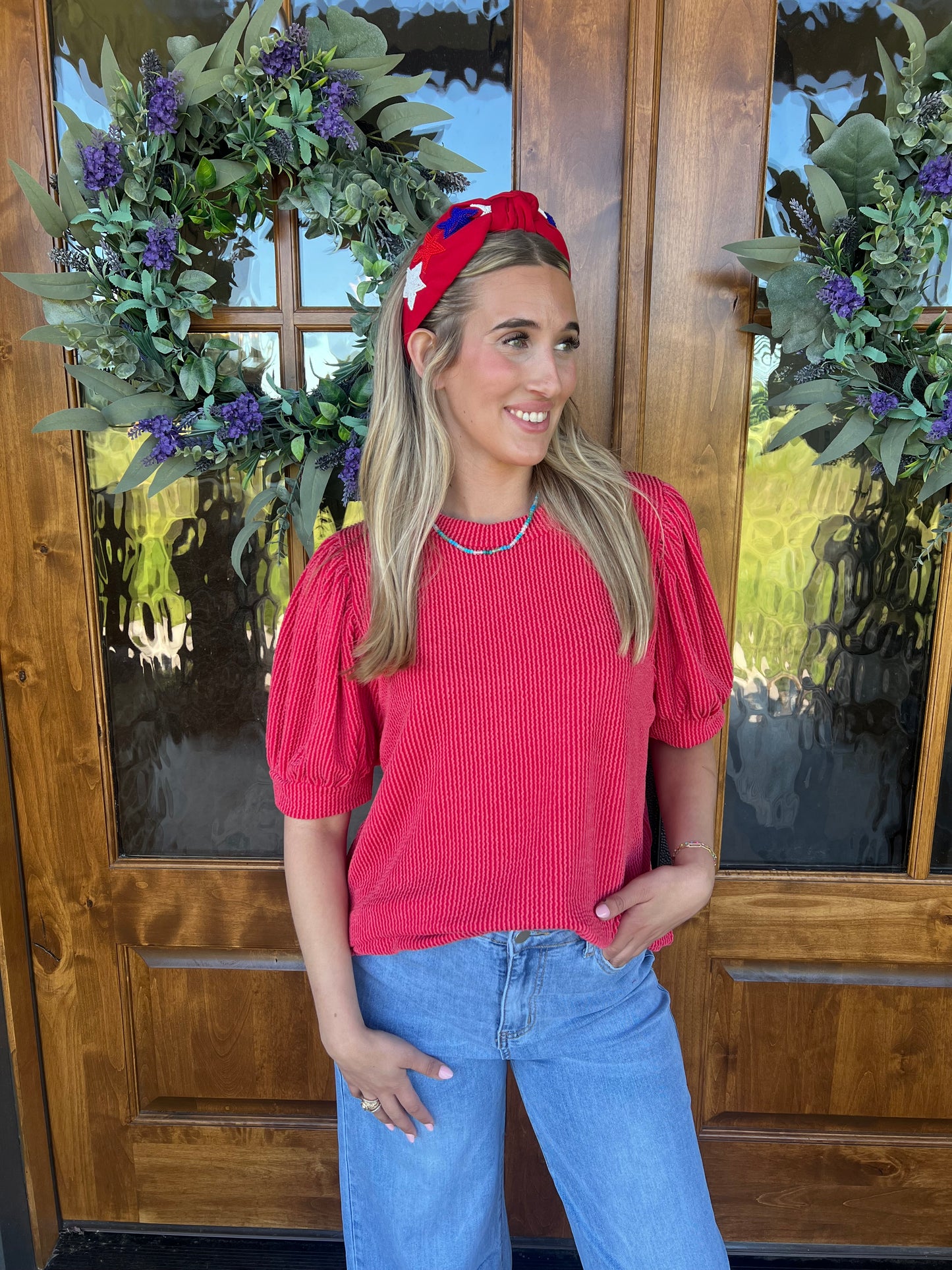 The Madison Red Puff Sleeve Ribbed Top - Final Sale