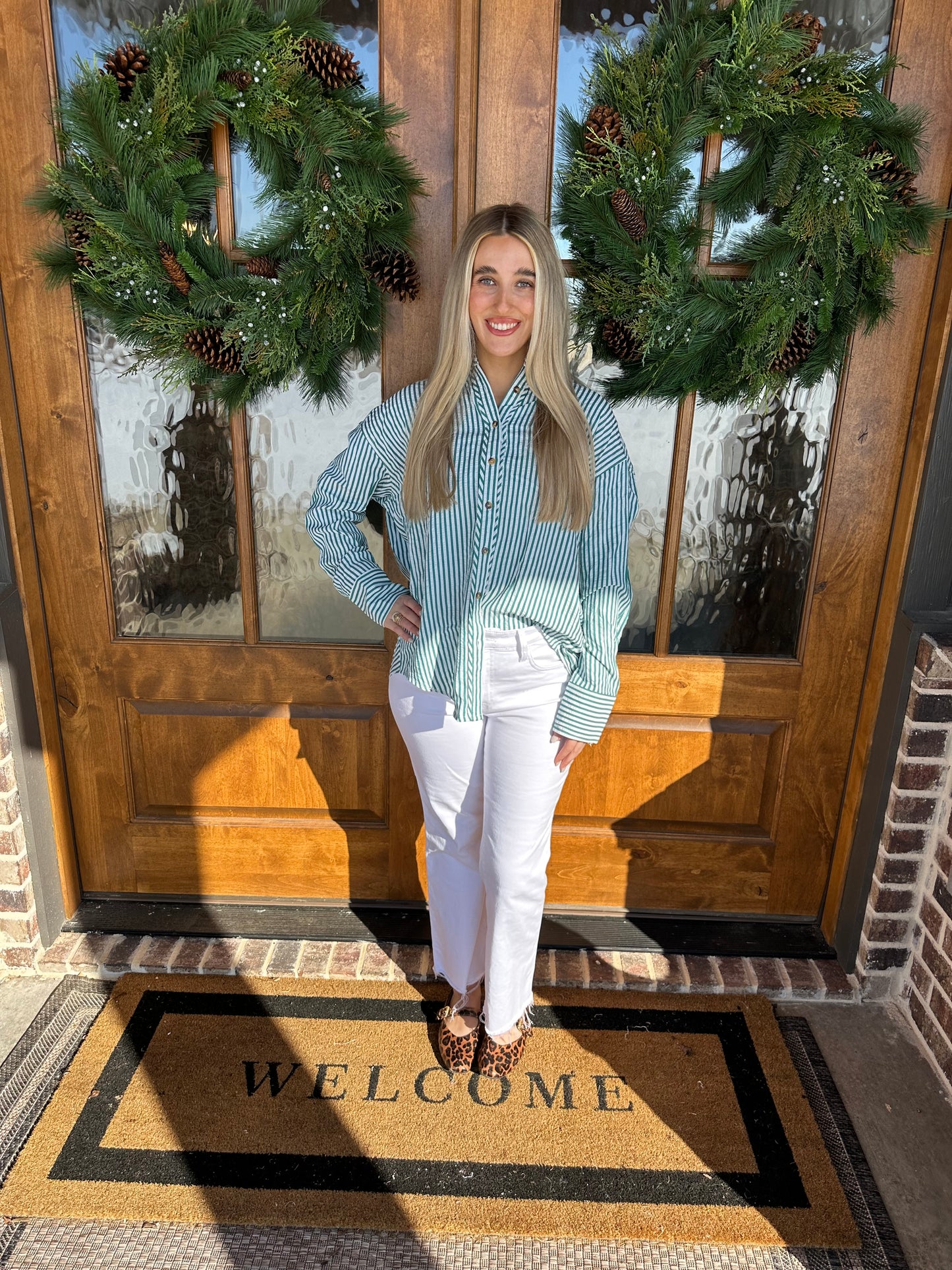 The Pam Green Striped Long Sleeve Button Down