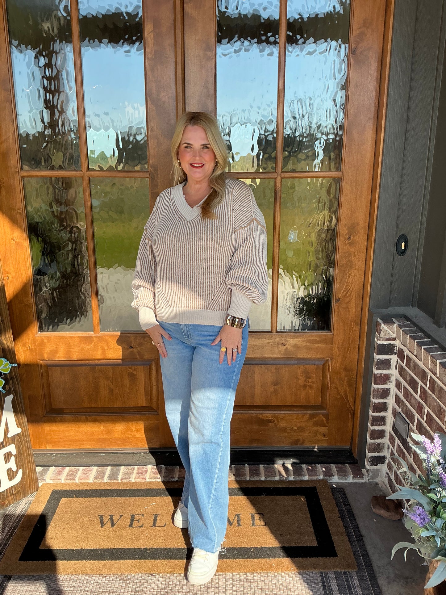 The Shauna Cream Oversized Two Tone Knit Casual Sweater Top