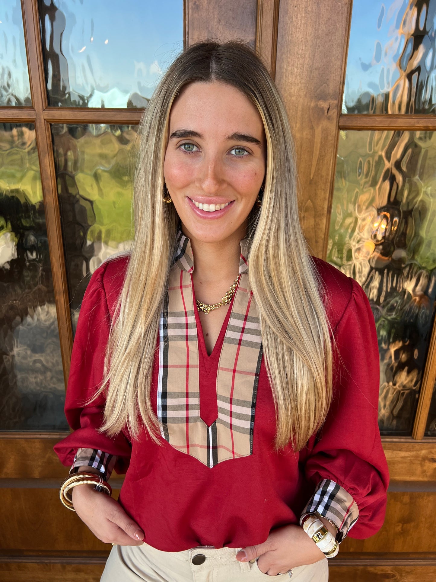 The Rachel Red Long Puff Sleeve With Plaid Accent