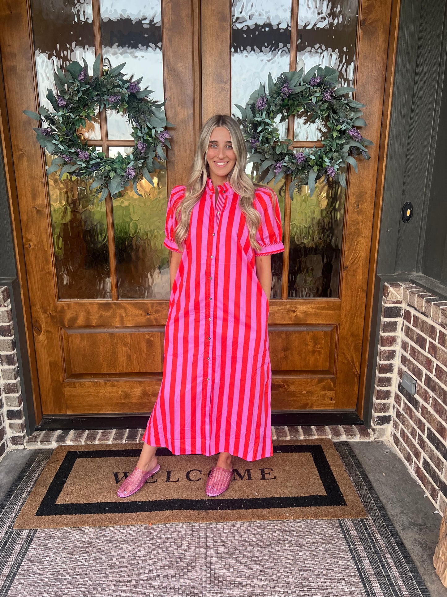 The Pamela Pink Striped Midi Dress