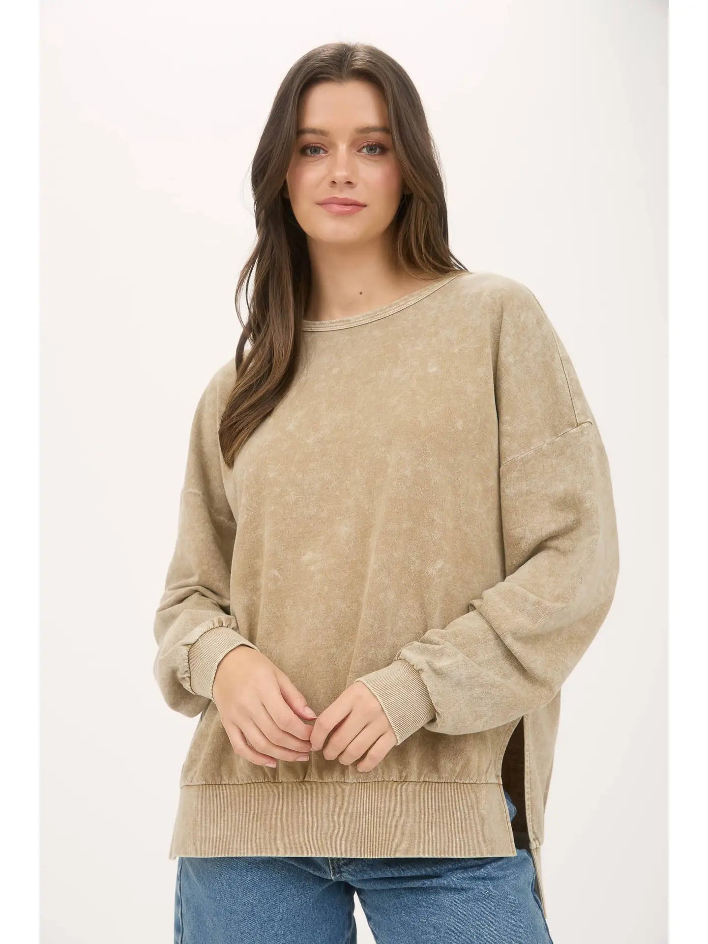 The Whitley Mocha Washed Side Split Long Sleeve Knit Top