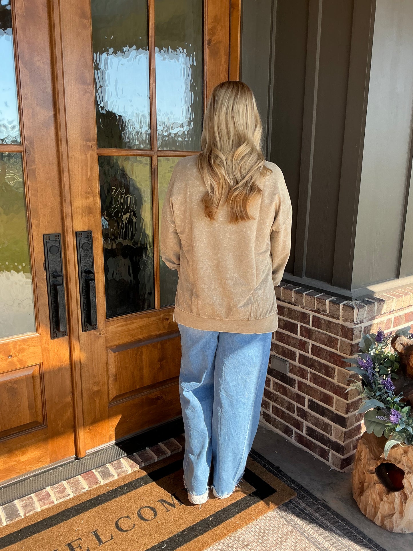 The Whitley Mocha Washed Side Split Long Sleeve Knit Top