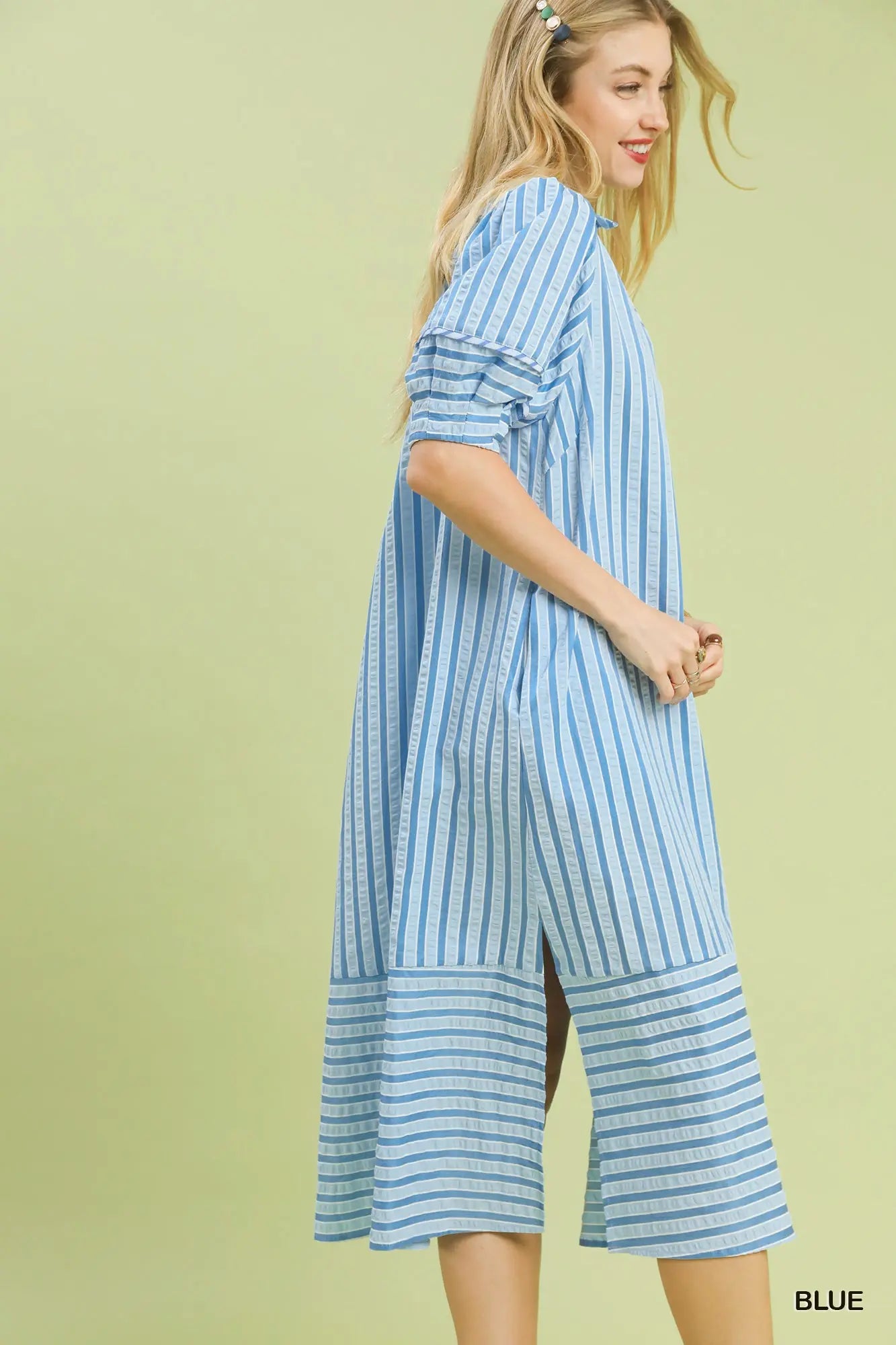 The Emma Blue Striped Puff Sleeve Midi Dress