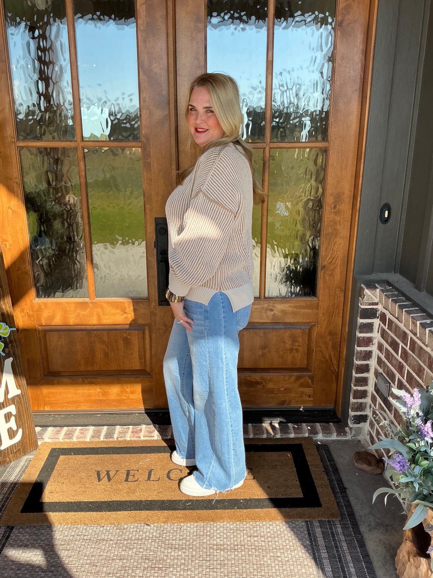 The Shauna Cream Oversized Two Tone Knit Casual Sweater Top