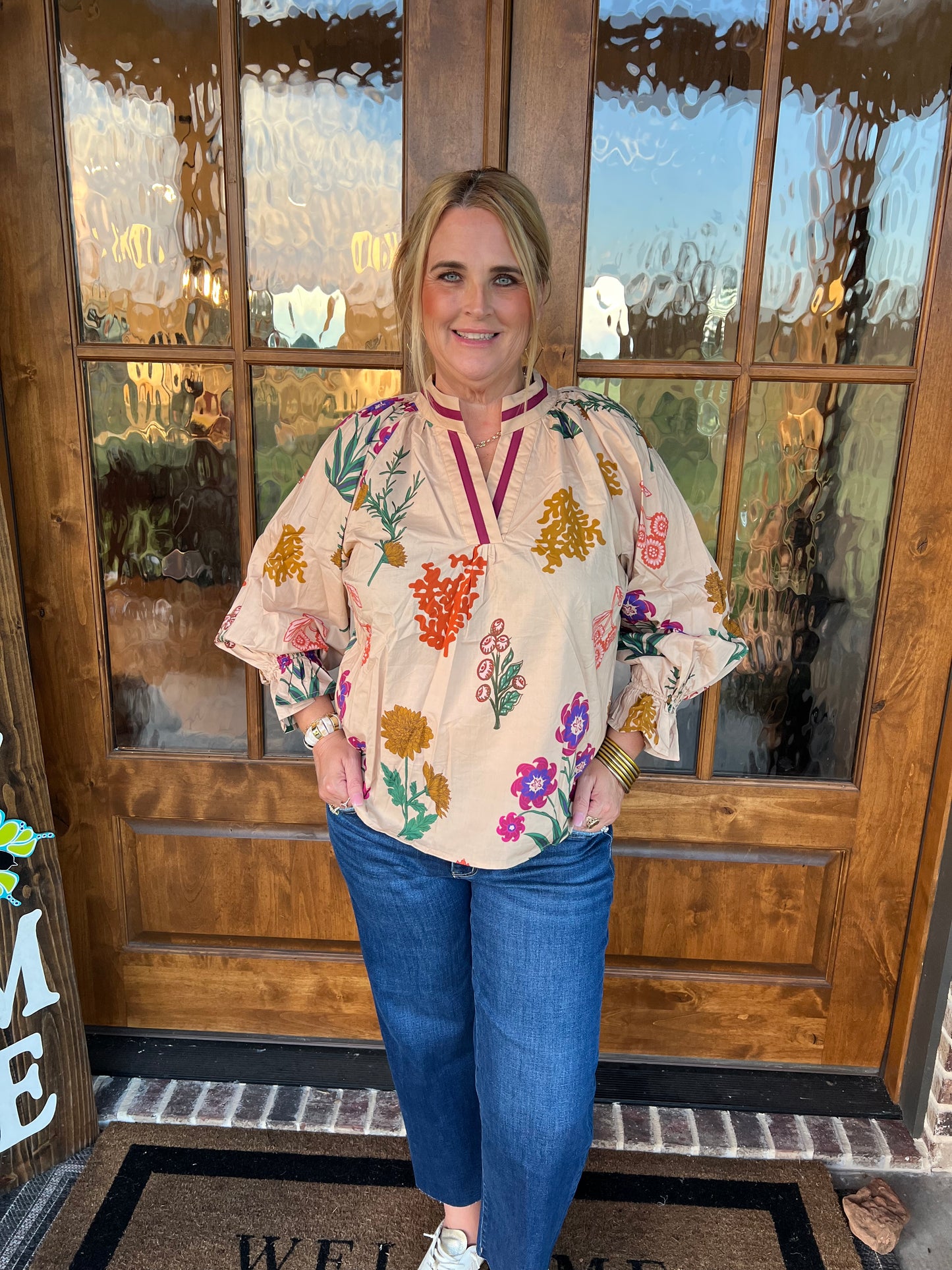 The Pam Tan Floral Print V Neck Open Collar Top