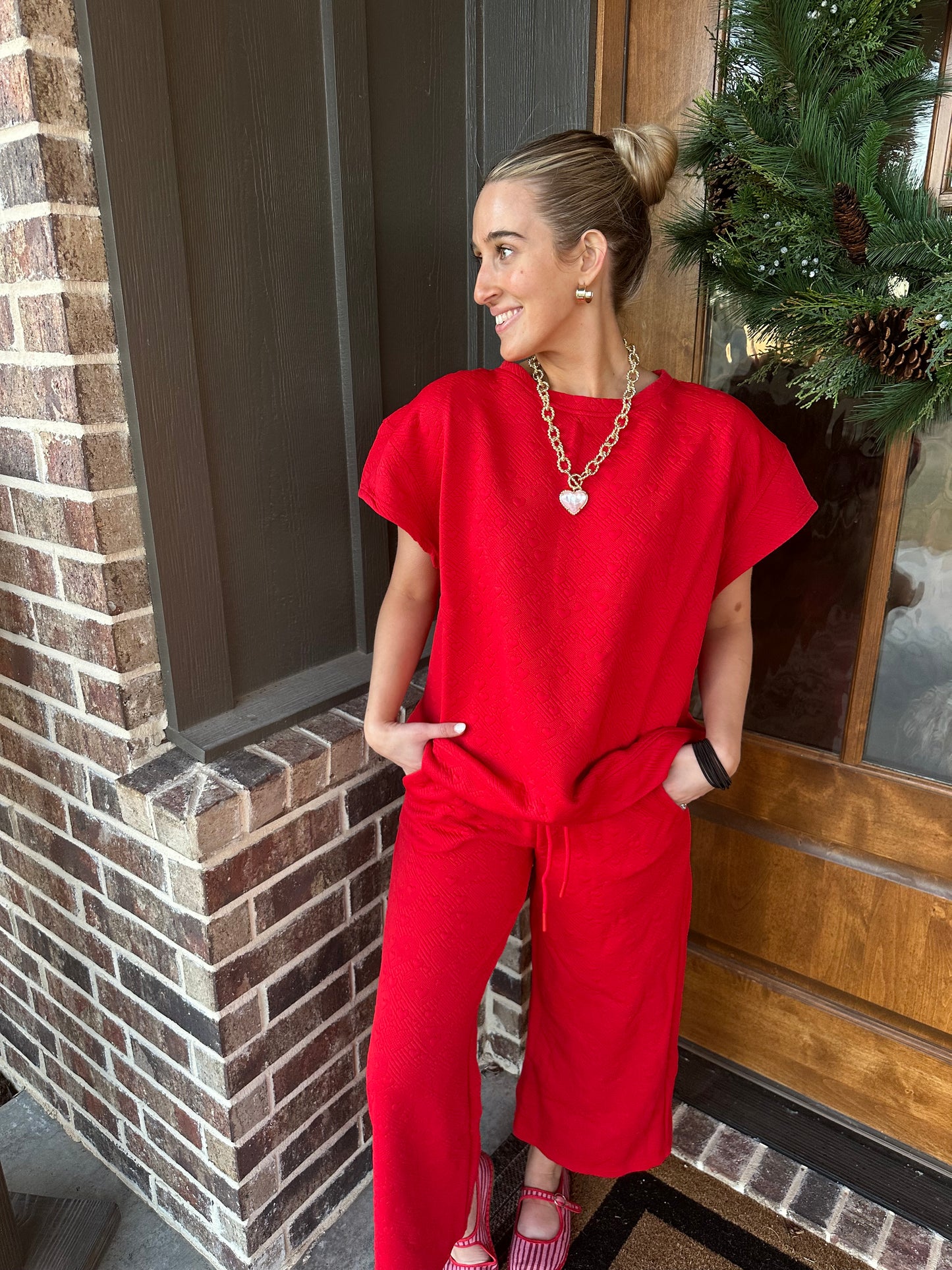 The Sawyer Red Heart Textured Short Sleeve Lounge Set