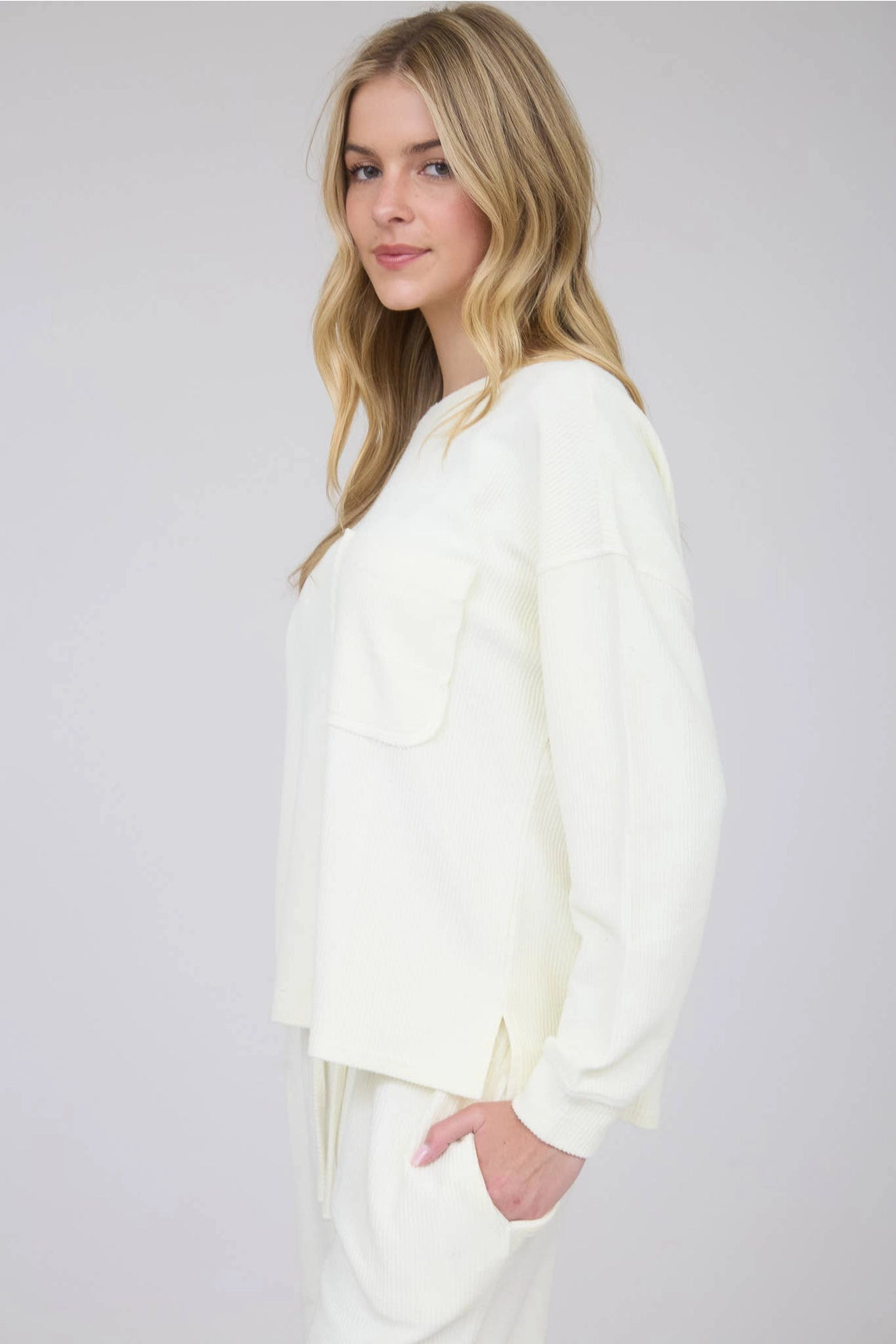 The Madison Cream Washed Pocket Detail Long Sleeve Rib Knit Top