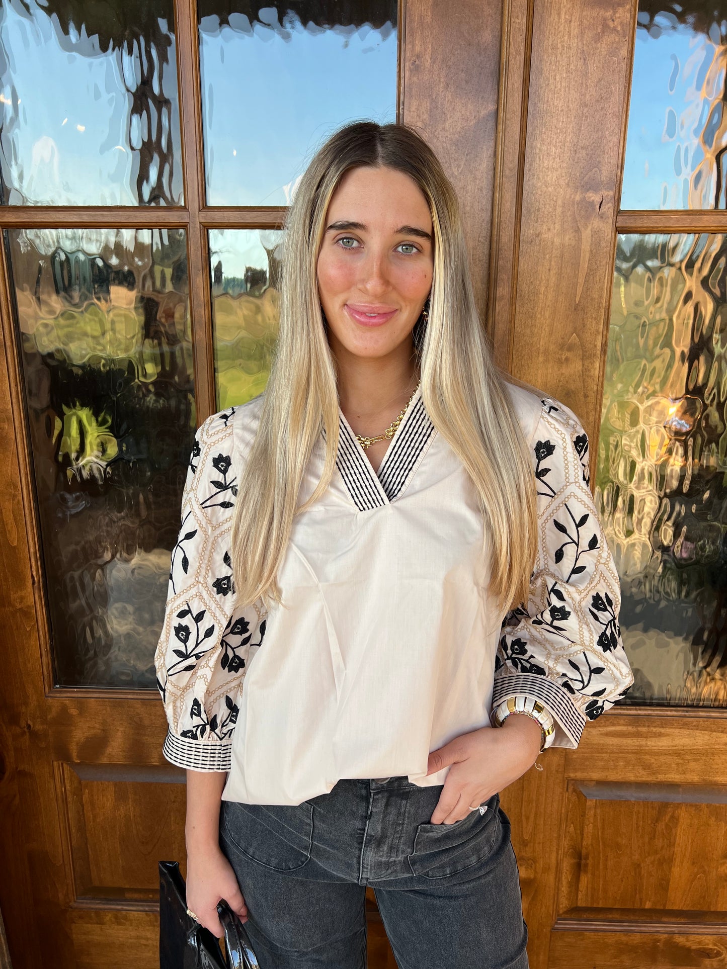 The Julie Ecru Top With Black Embroidery