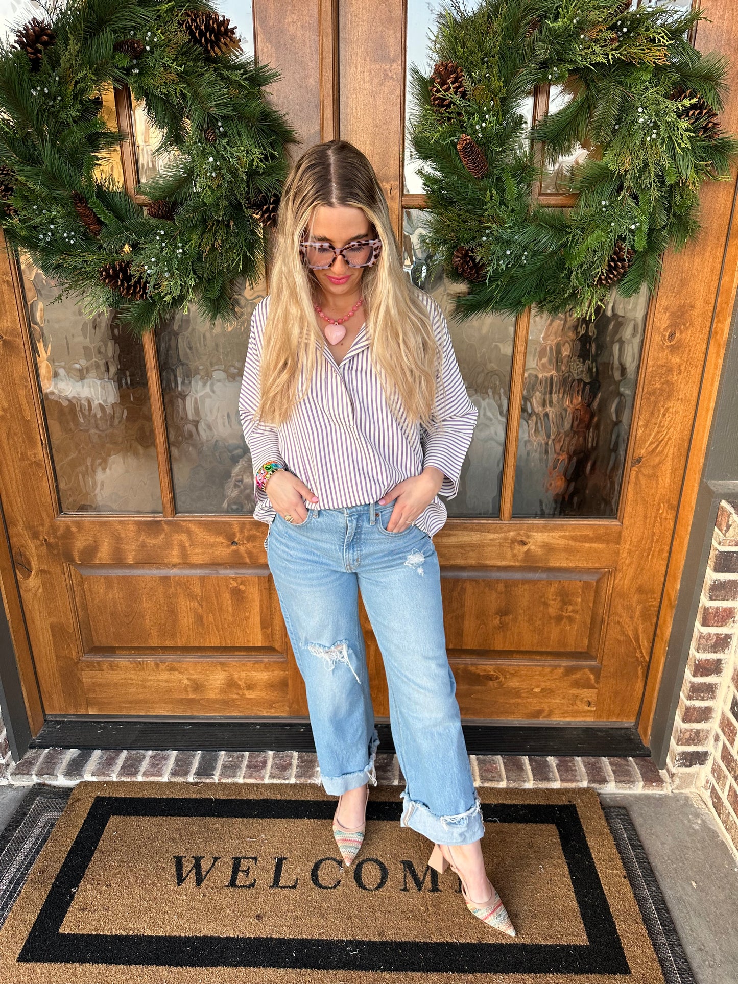The Violet Lavender Striped Button Closure Top