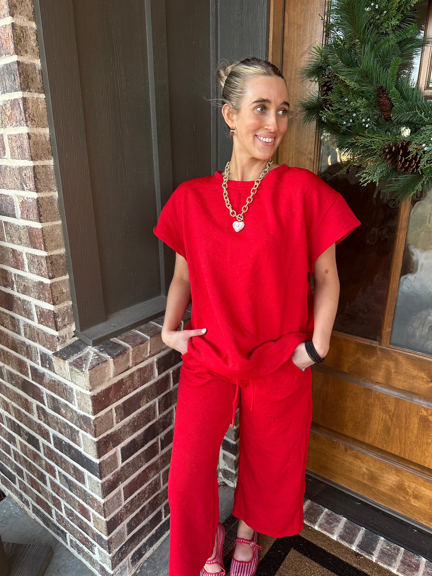 The Sawyer Red Heart Textured Short Sleeve Lounge Set