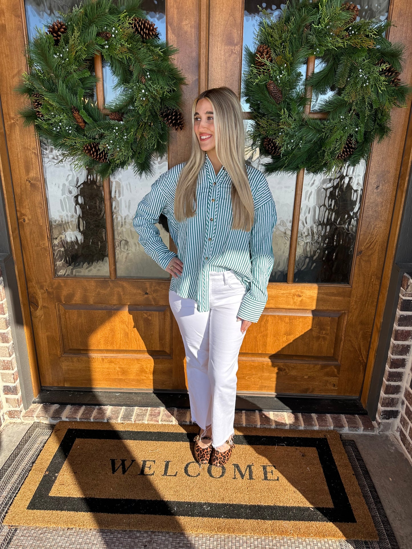 The Pam Green Striped Long Sleeve Button Down
