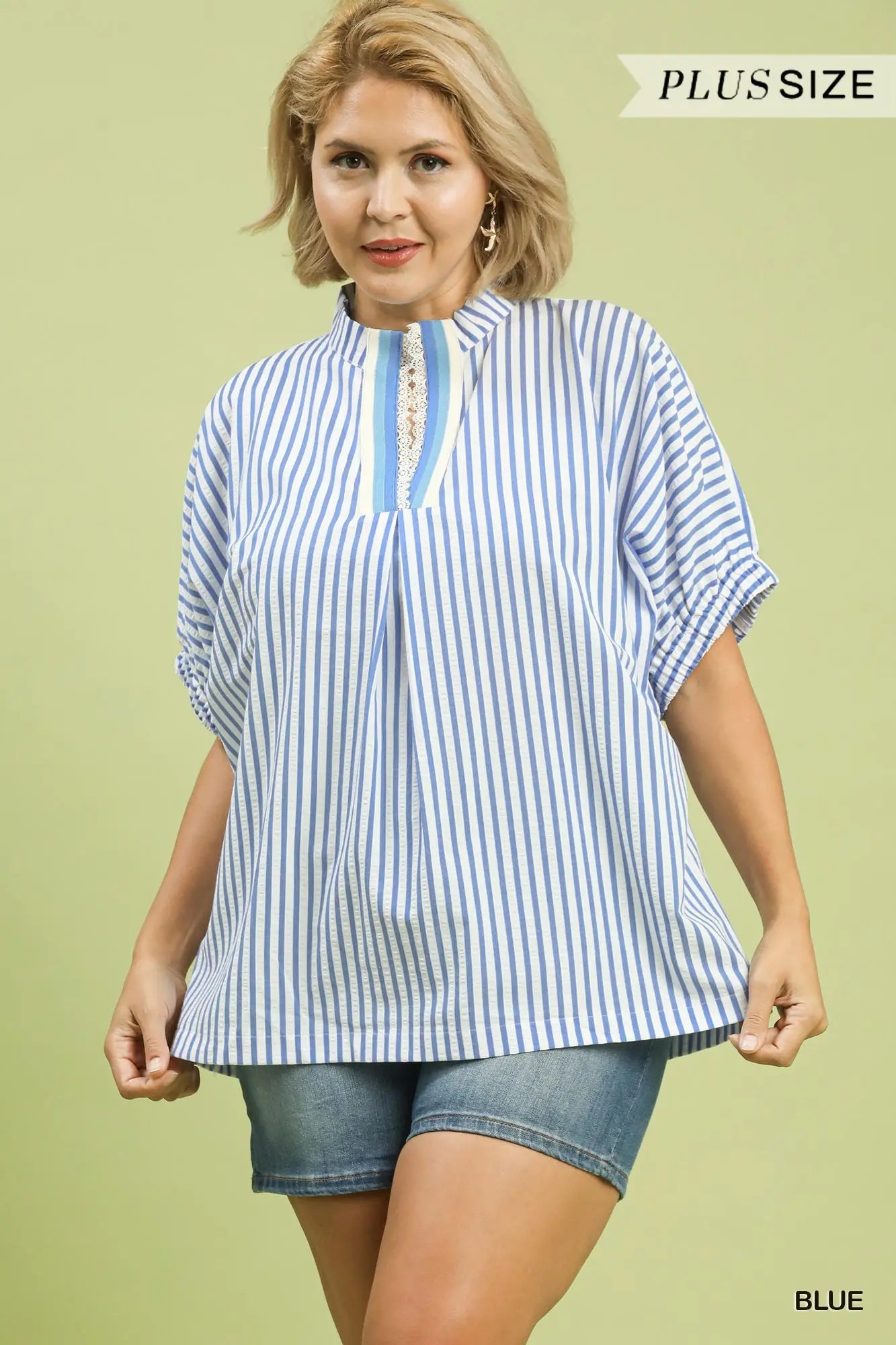 The Livy Blue Stripe Lace Trim Pleated V-Neck Top