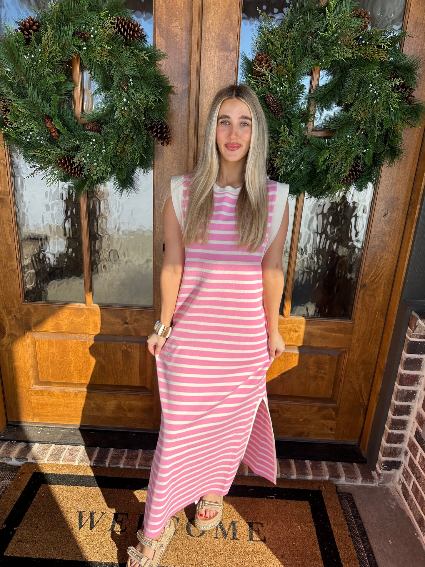 The Harper Pink Striped Sleeveless Maxi Dress