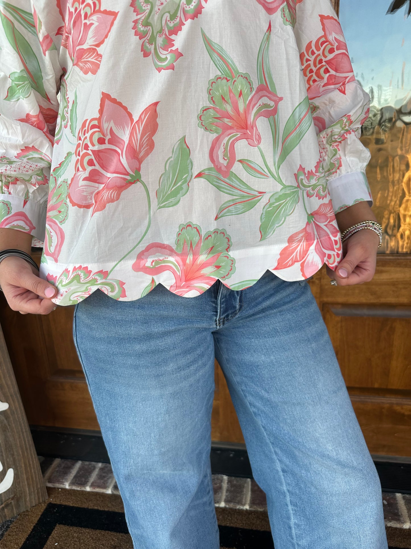 The Allie Peach Floral Scallop Top
