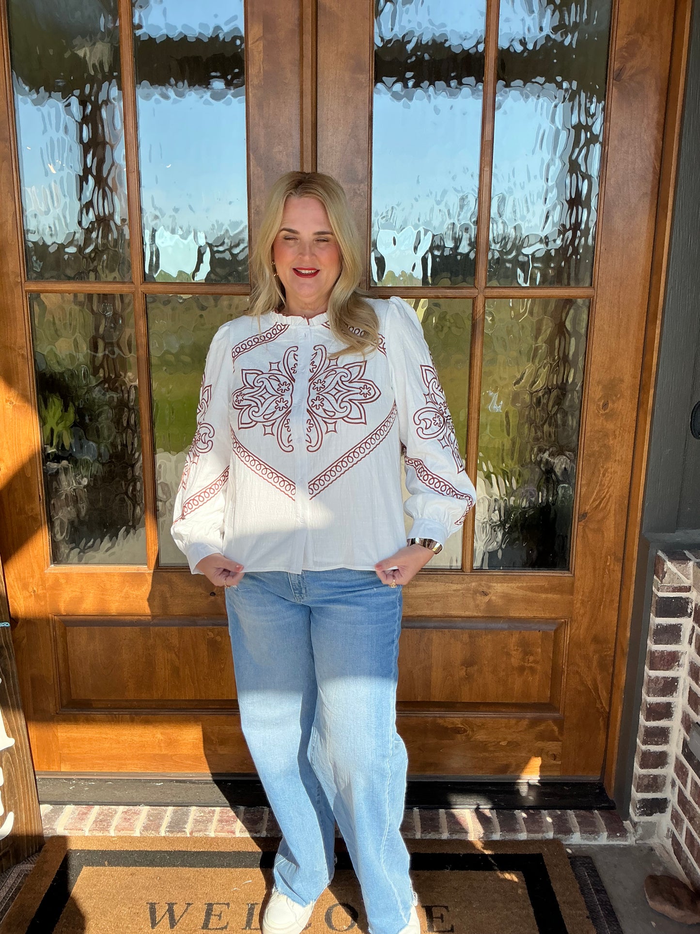 The Haley Embroidered Mock Neck Button Up Top