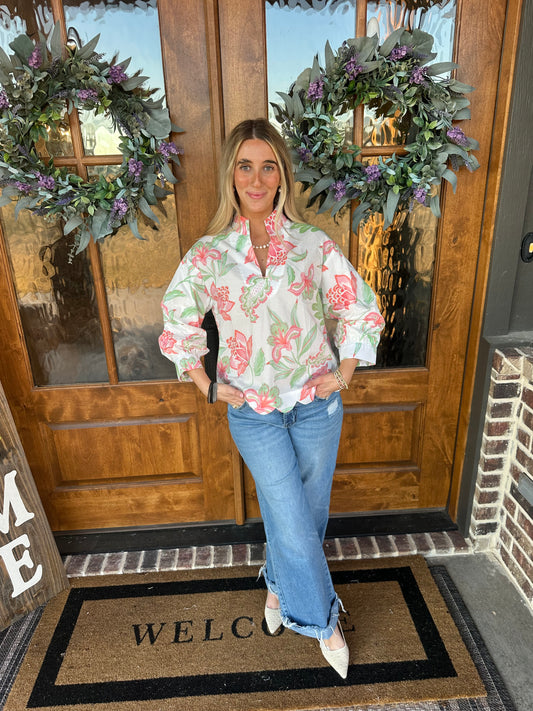 The Allie Peach Floral Scallop Top