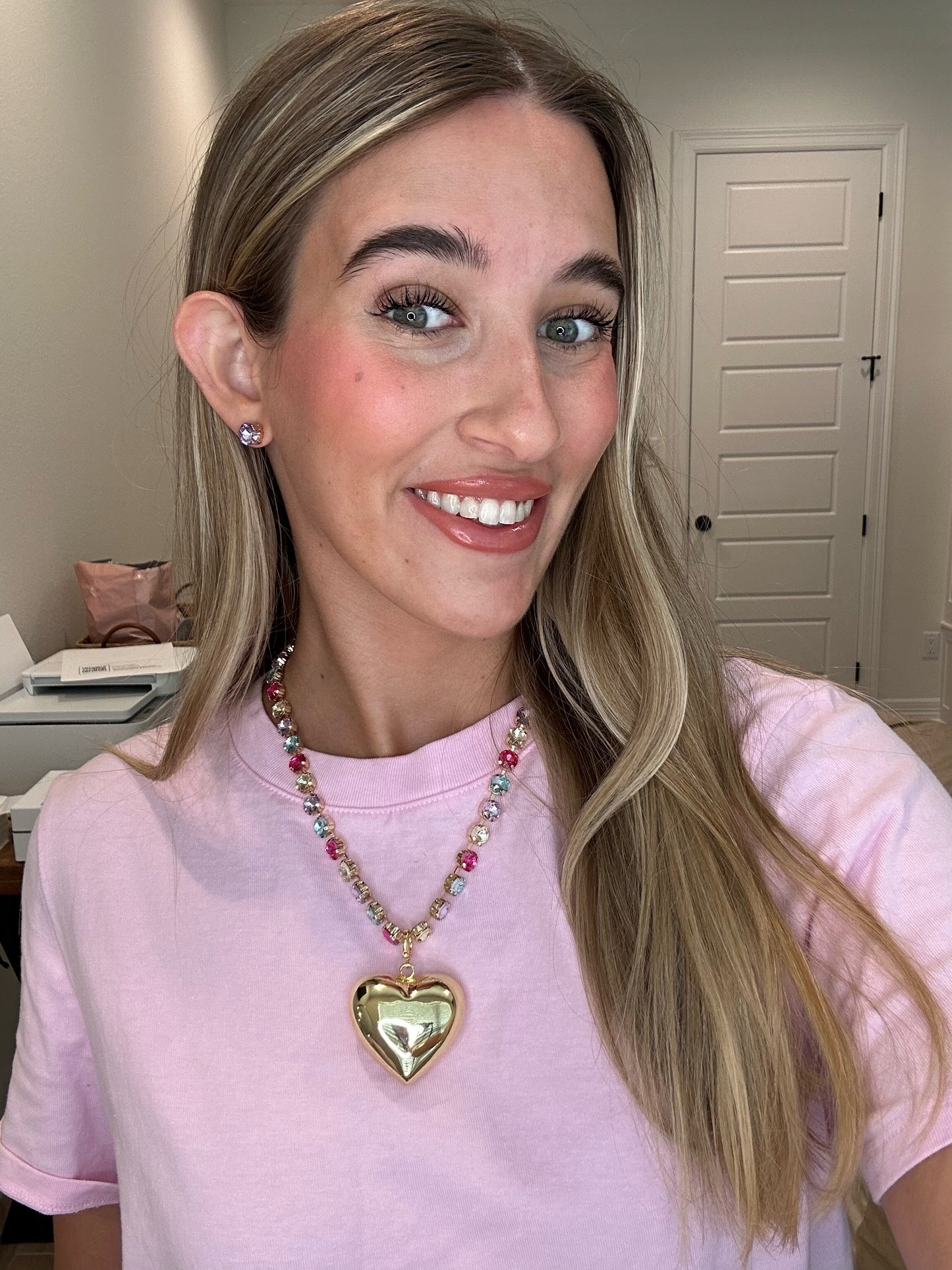 The Ellie Cotton Candy Necklace with Gold Heart & Purple Studs