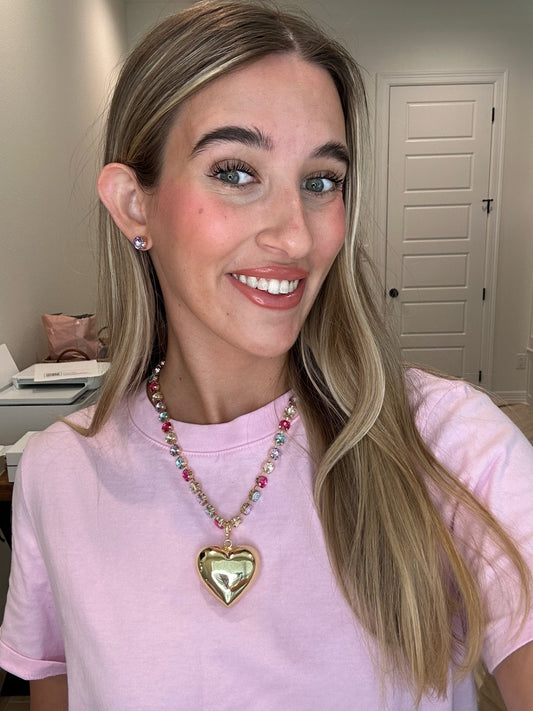 The Ellie Cotton Candy Necklace with Gold Heart & Purple Studs