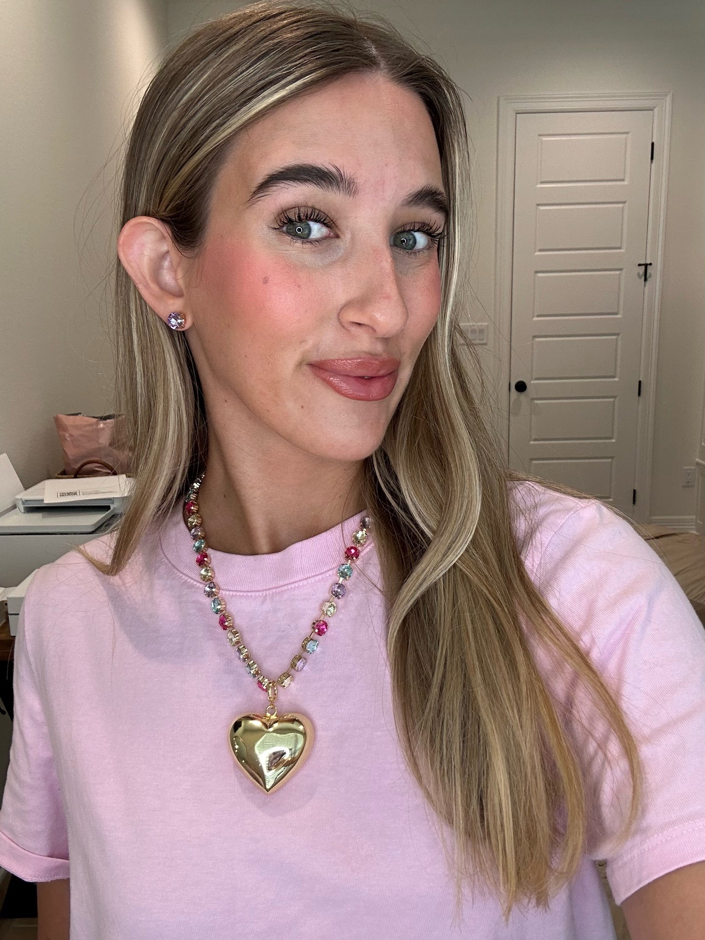 The Ellie Cotton Candy Necklace with Gold Heart & Purple Studs