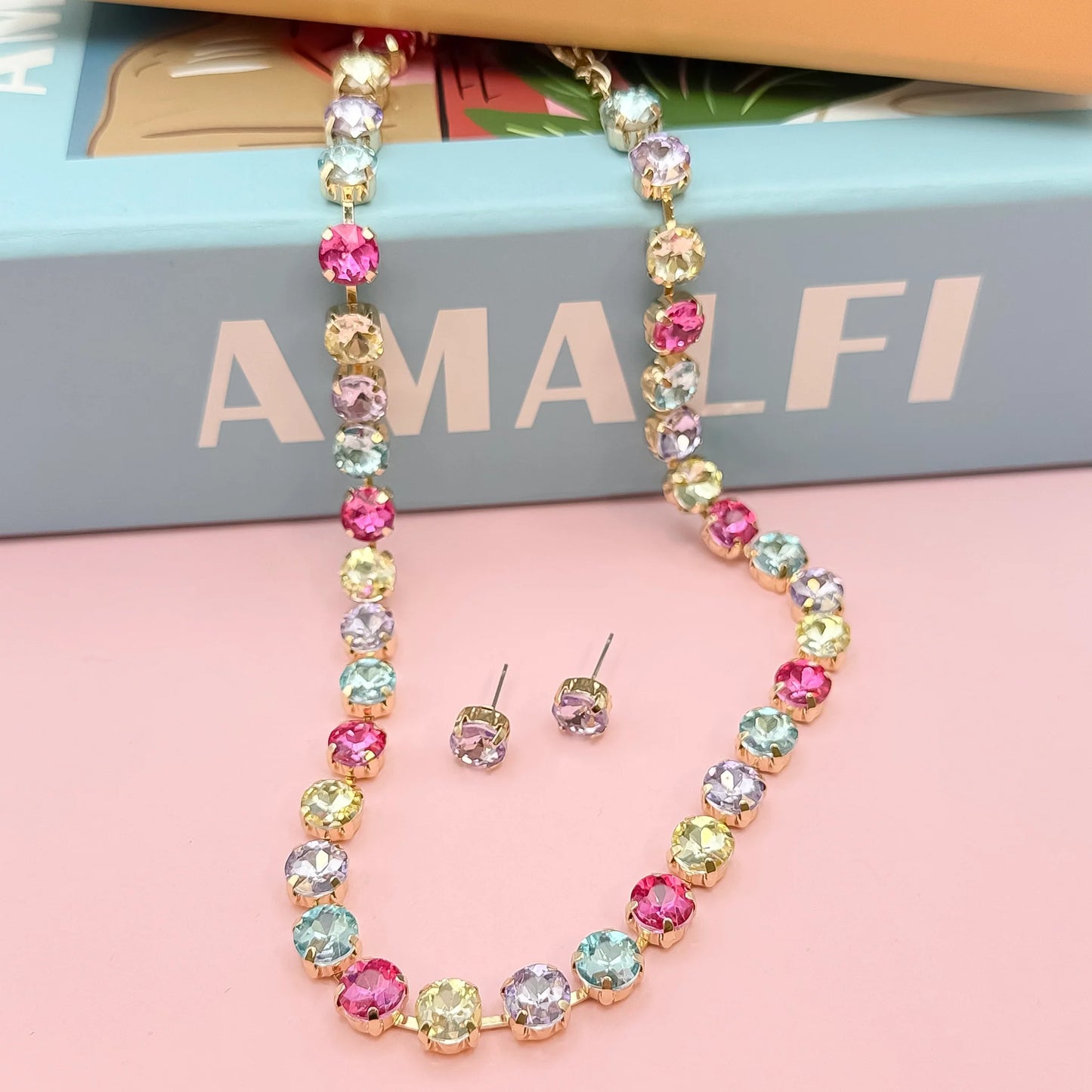 The Ellie Cotton Candy Necklace with Gold Heart & Purple Studs