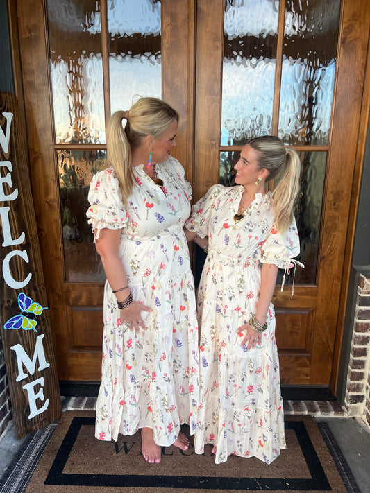 The Abby Ecru Floral Print Tiered Maxi Dress