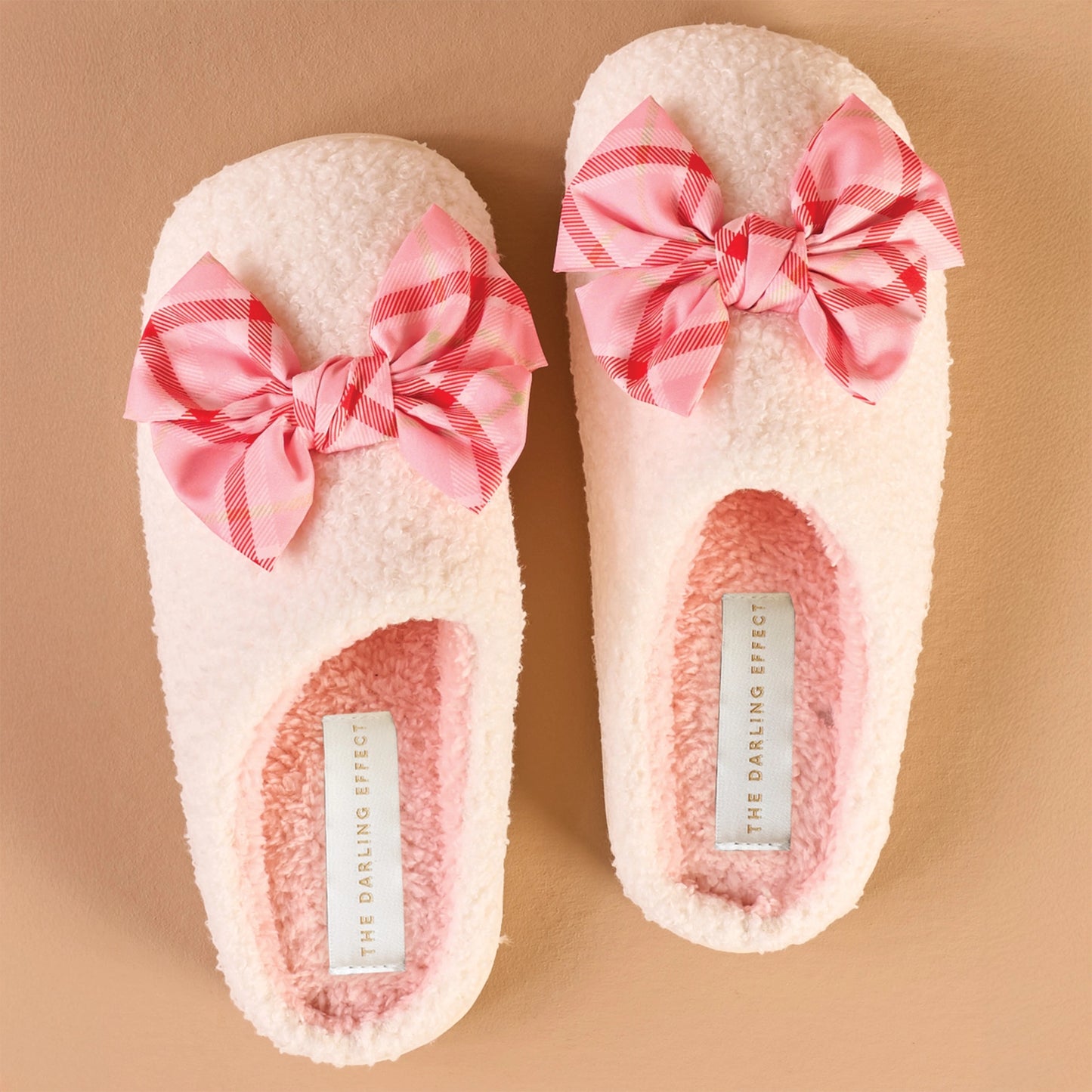 The Fuzzy Cream With Pink Plaid Bow Slippers