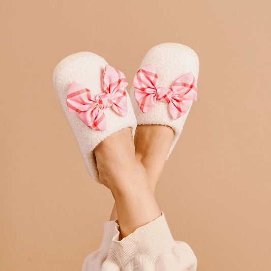 The Fuzzy Cream With Pink Plaid Bow Slippers