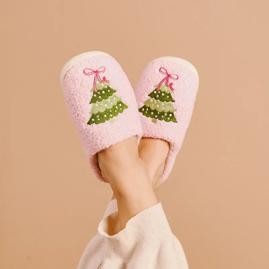 Fuzzy Pink Twinkling Trees Slippers