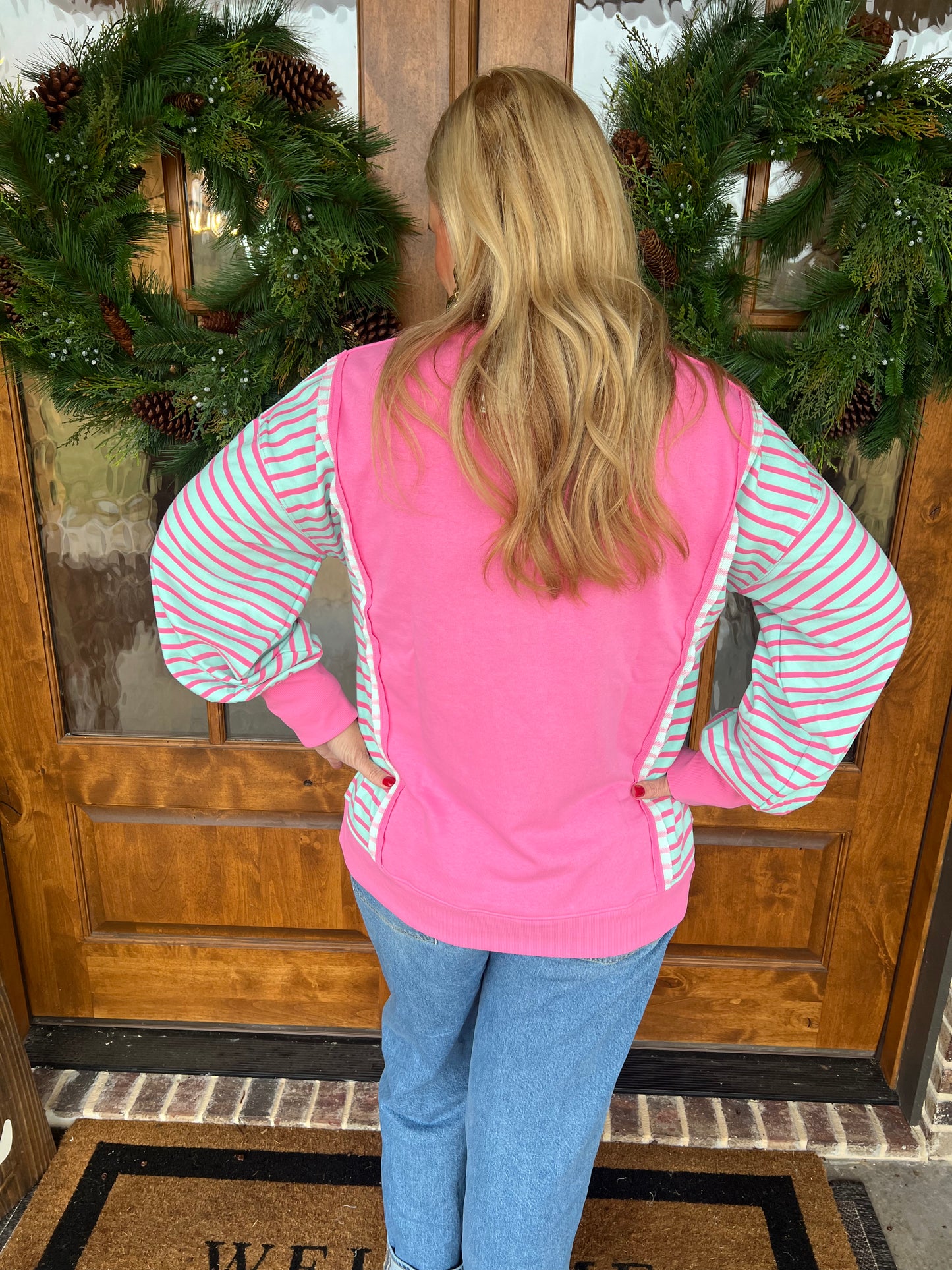 The Rosey Pink Oversized Striped Casual Knit Top
