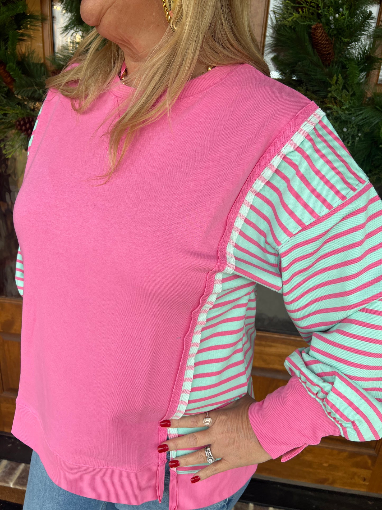 The Rosey Pink Oversized Striped Casual Knit Top