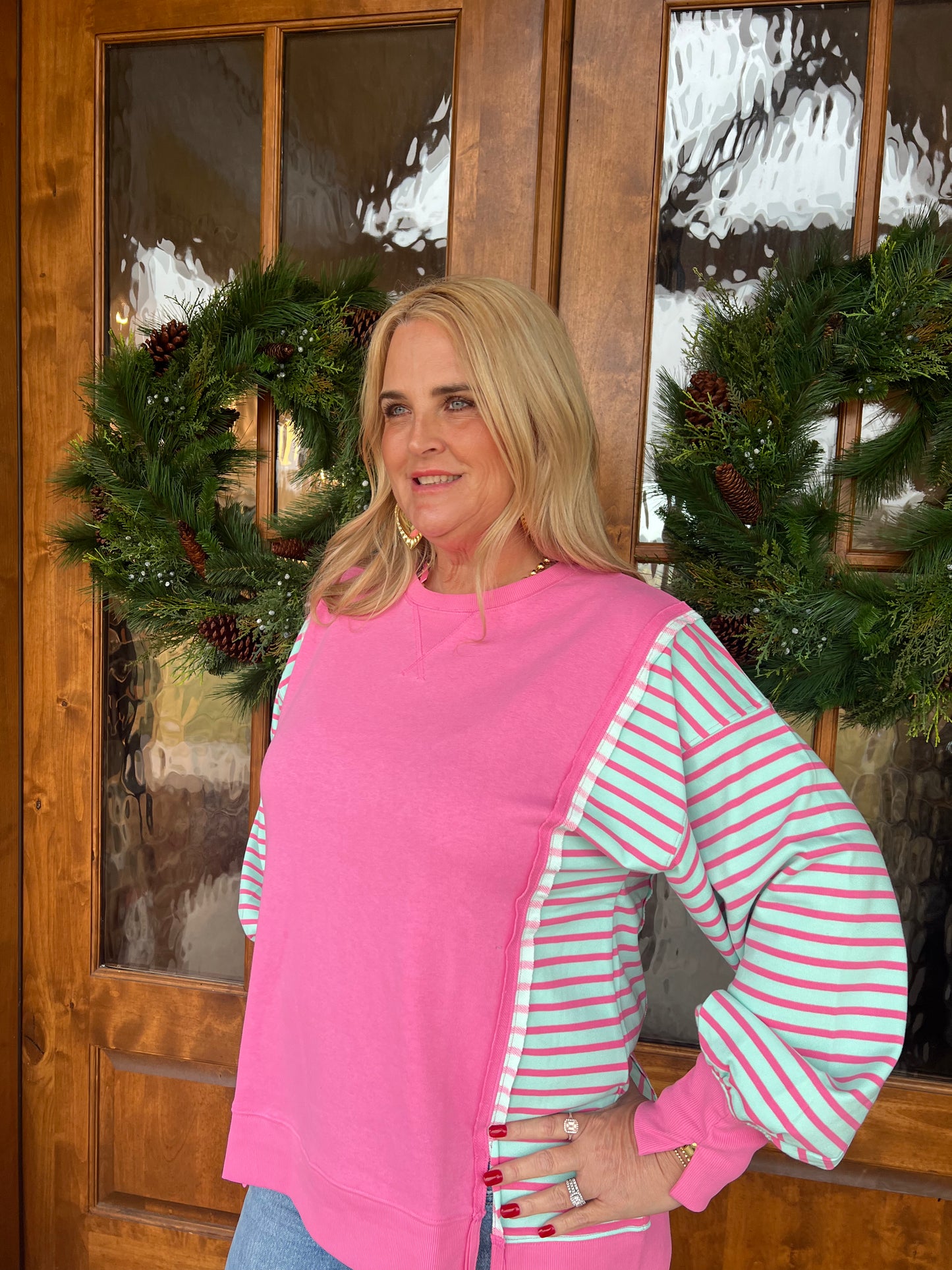 The Rosey Pink Oversized Striped Casual Knit Top