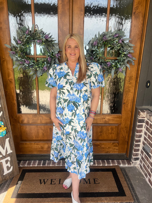 The Willow Floral Print Ruffled Neck Midi Dress