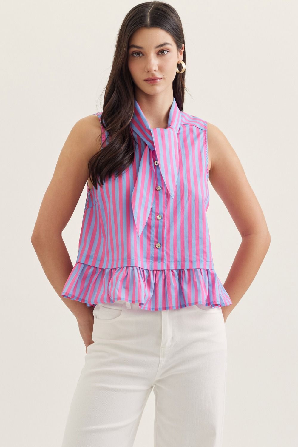 The Penny Blue/Pink Striped Sleeveless Peplum Top